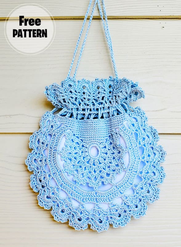 Drawstring Blue Crochet Bag Free Pattern