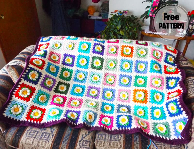 Easy Daisy Granny Square Crochet Blanket Free Pattern