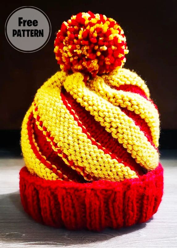 Swirled Ski Red and Yellow Knitting Hat PDF Pattern