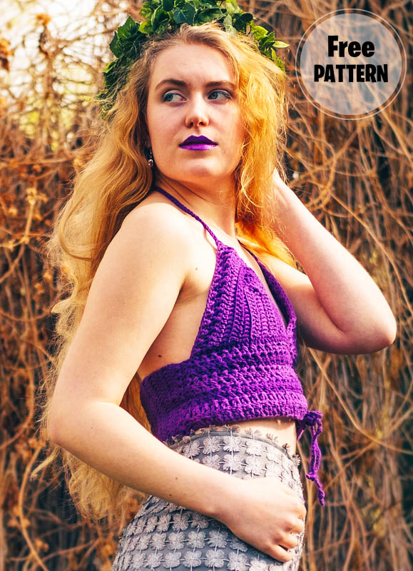 Purple Color Crop Halter Top Crochet Free Pattern