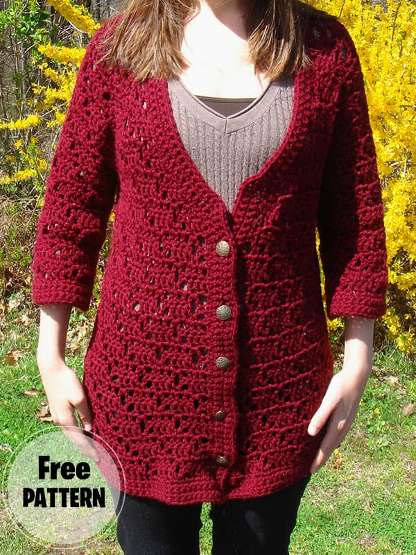 Red Textured Granny Cardigan Free Crochet Pattern