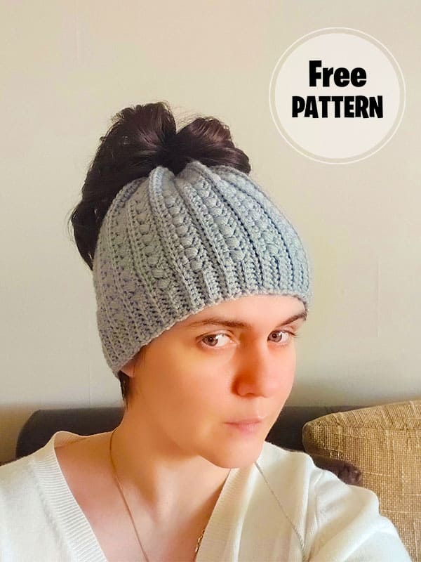 Grey Messy Bun Crochet Hat Free Pattern 